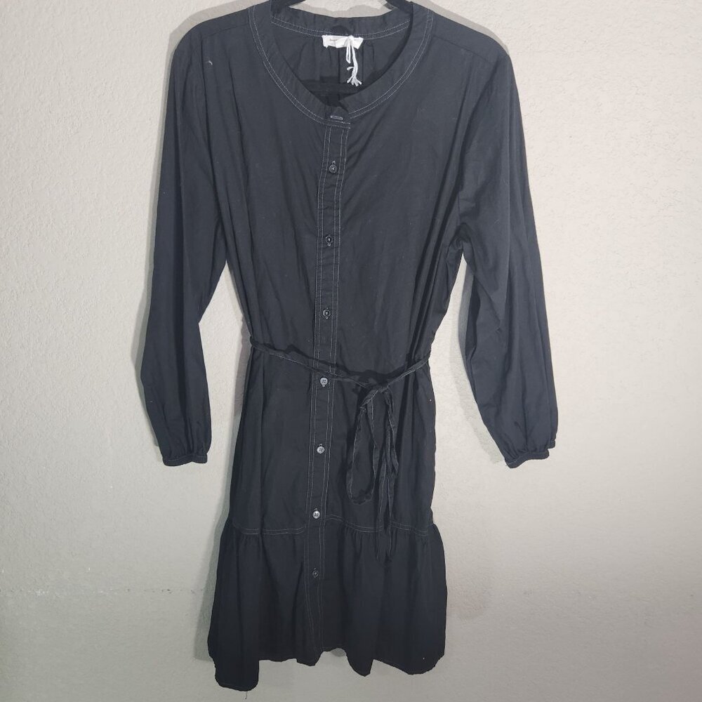 Beachlunchlounge Womens Black Button-Down Dress XL With Belted Waist & Ruffle He